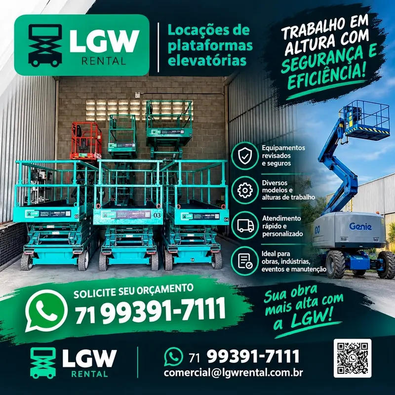 Arte da LGW Rental, locações de plataformas elevatórias, com plataformas tesoura no galpão e uma articulada Genie: Trabalho em altura com segurança e eficiência! Equipamentos revisados e seguros. Diversos modelos e alturas de trabalho. Atendimento rápido e personalizado. Ideal para obras, indústrias, eventos e manutenção. Sua obra mais alta com a LGW!